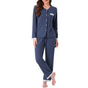 Pajamas Sets Lace Trim Elastic Waist Pant Suit with Pocket Dark Blue